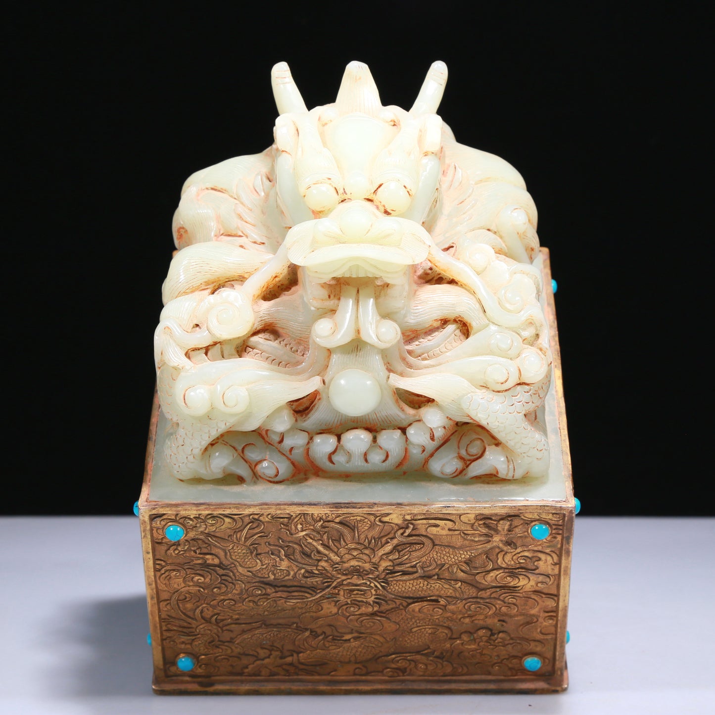An Elaborate White Jade Gilt-Bronze-Mounted 'Dragon' Seal