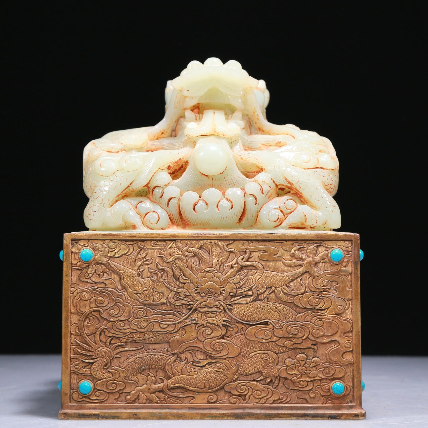 An Elaborate White Jade Gilt-Bronze-Mounted 'Dragon' Seal