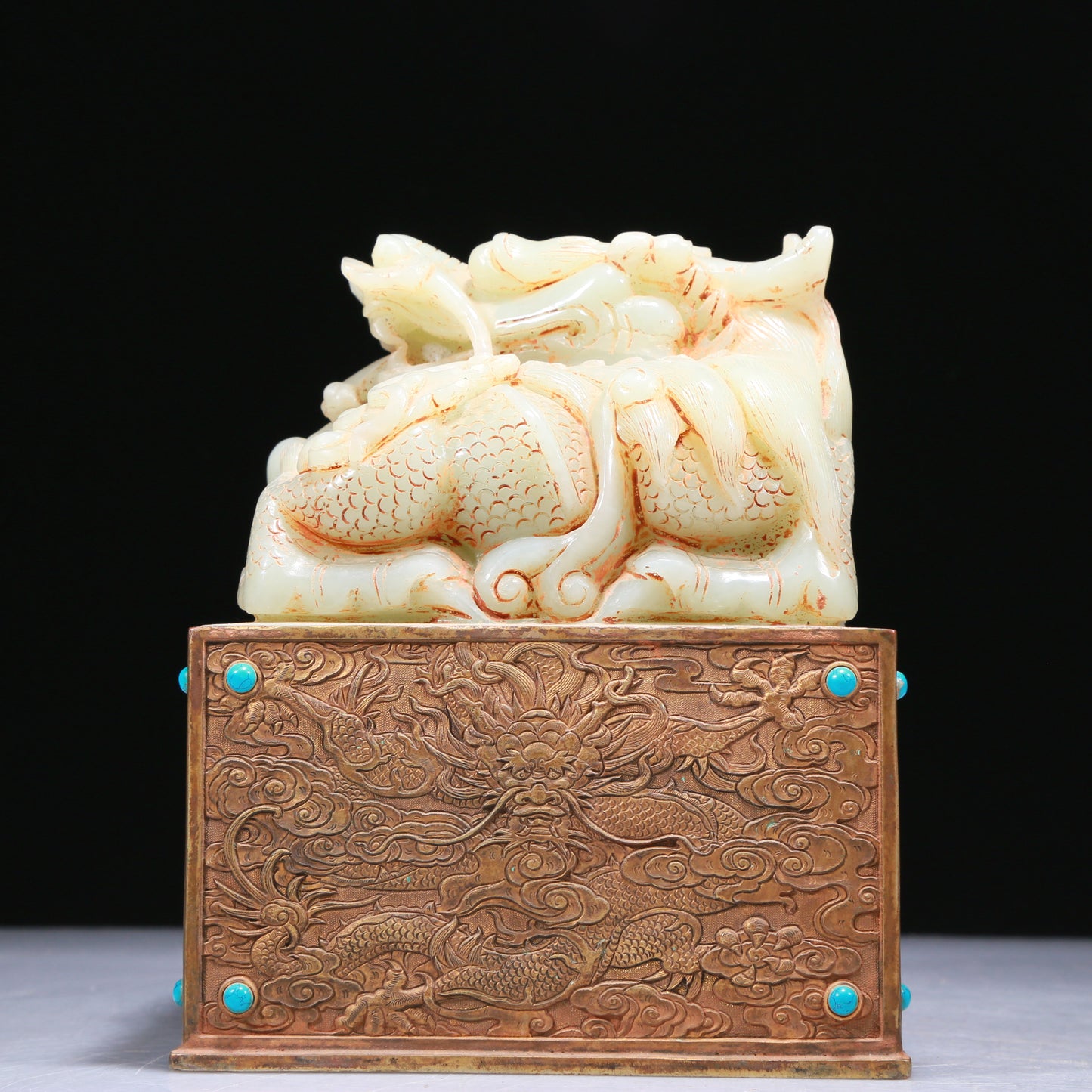 An Elaborate White Jade Gilt-Bronze-Mounted 'Dragon' Seal