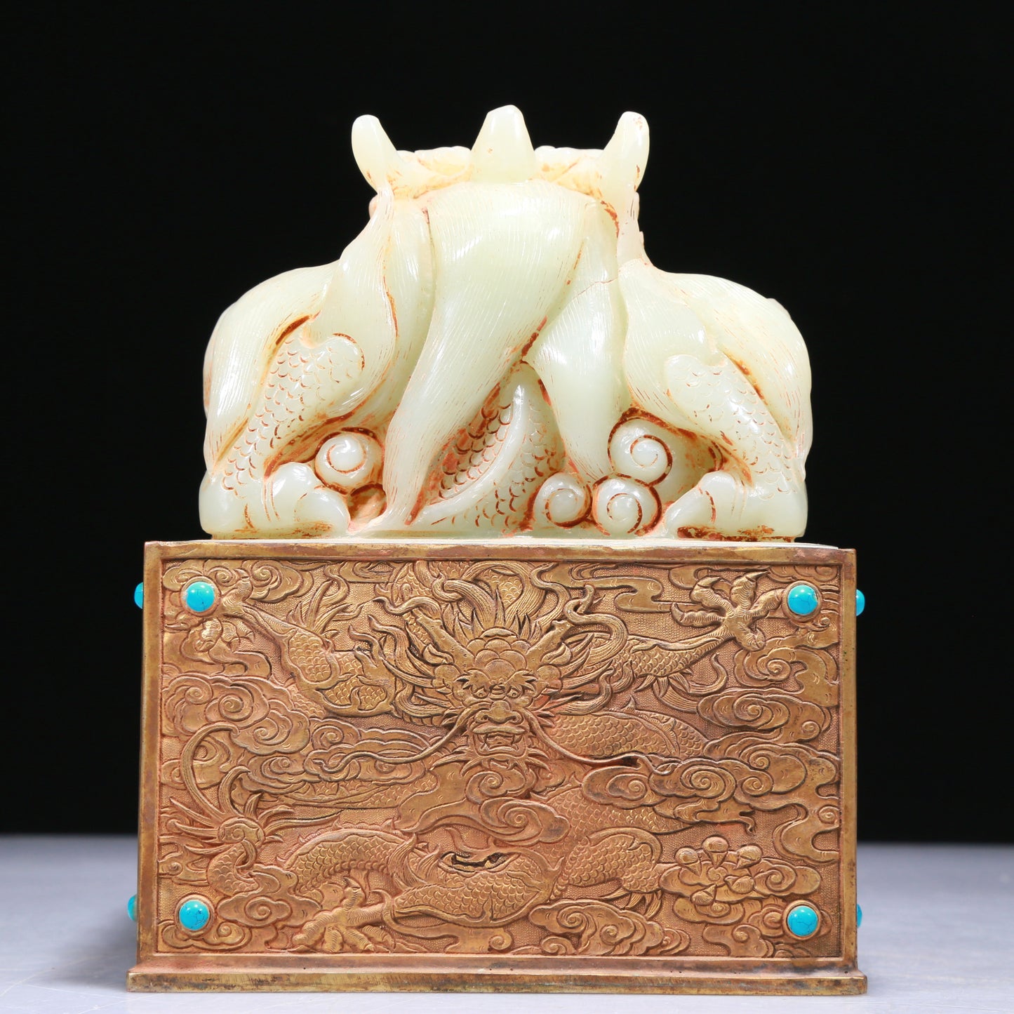 An Elaborate White Jade Gilt-Bronze-Mounted 'Dragon' Seal