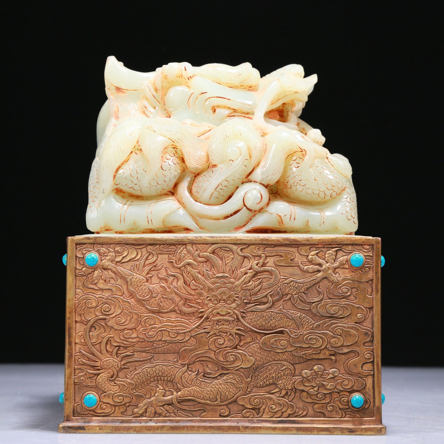 An Elaborate White Jade Gilt-Bronze-Mounted 'Dragon' Seal