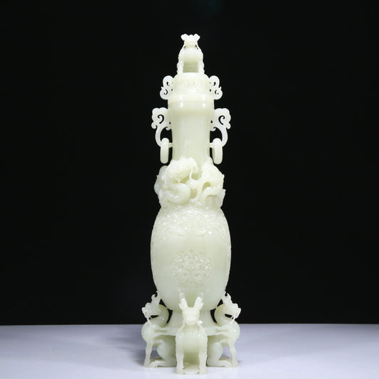 An Elaborate White Jade 'Scrolling Lotus& Dragon' Vase