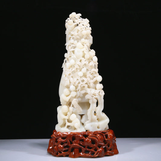 An Elaborate White Jade 'Figures Picking Peaches' Vase With Imperial Poem Inscriptions From Qianlong Period