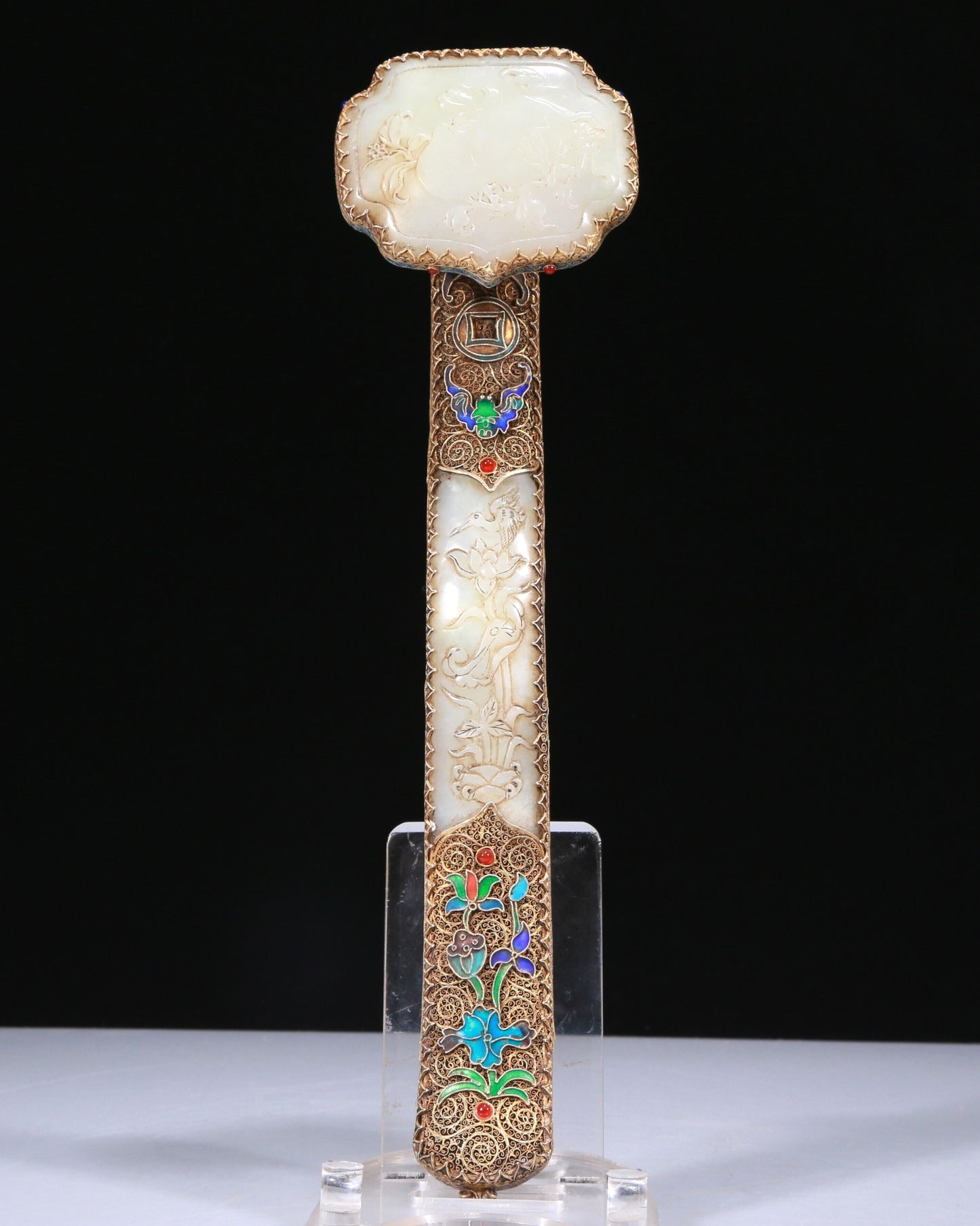 An Elaborate White Jade Gold-Mounted 'Bird& Flower' Ruyi Scepter