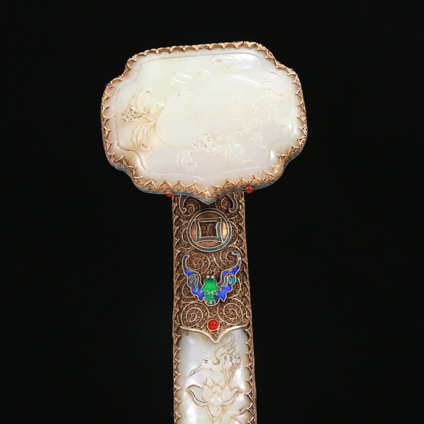 An Elaborate White Jade Gold-Mounted 'Bird& Flower' Ruyi Scepter