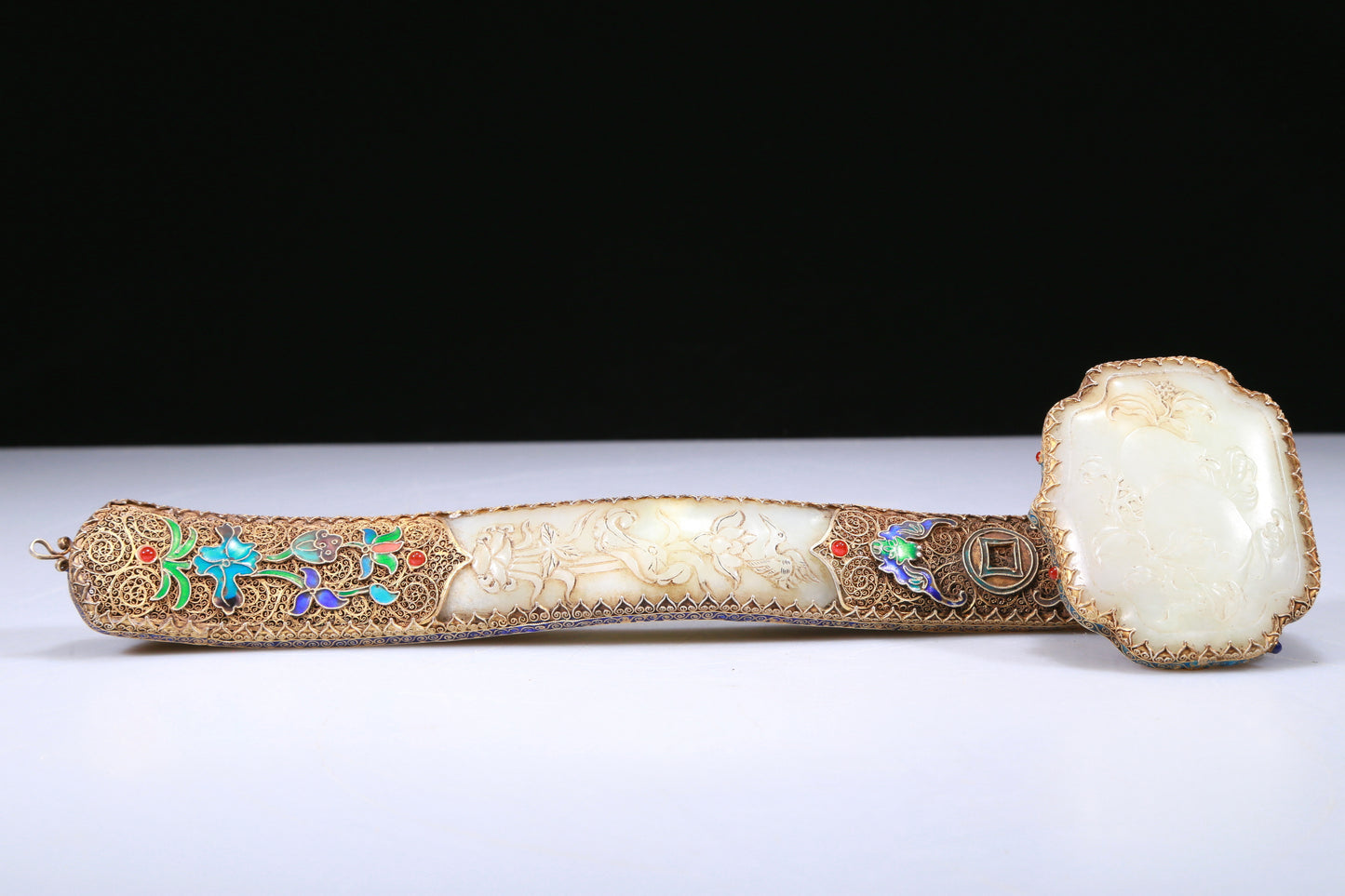 An Elaborate White Jade Gold-Mounted 'Bird& Flower' Ruyi Scepter