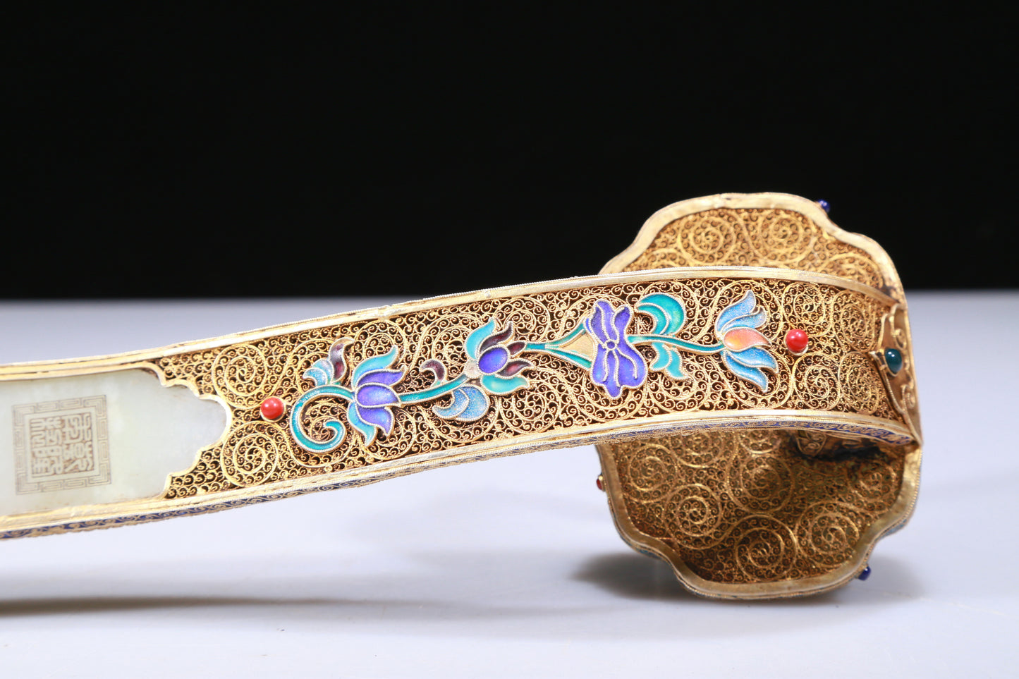 An Elaborate White Jade Gold-Mounted 'Bird& Flower' Ruyi Scepter