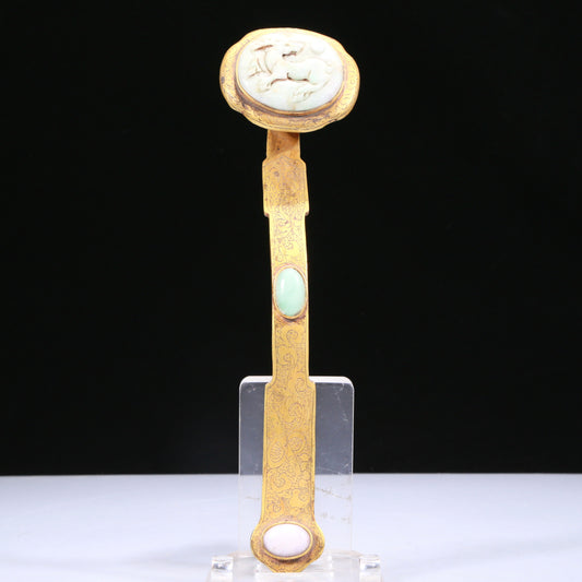 An Elaborate Gilt-Bronze White Jade-Inlaid 'Flower& Deer' Ruyi Scepter