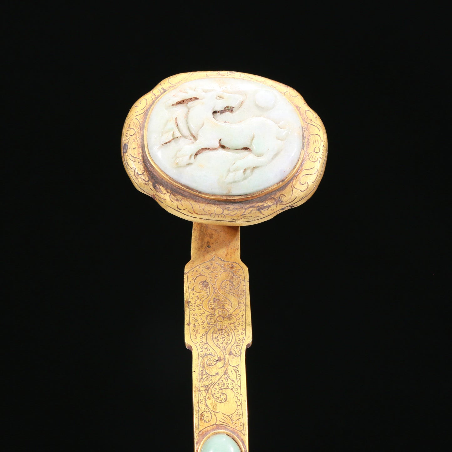 An Elaborate Gilt-Bronze White Jade-Inlaid 'Flower& Deer' Ruyi Scepter