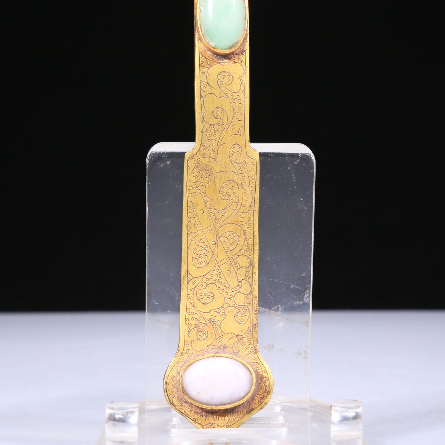 An Elaborate Gilt-Bronze White Jade-Inlaid 'Flower& Deer' Ruyi Scepter