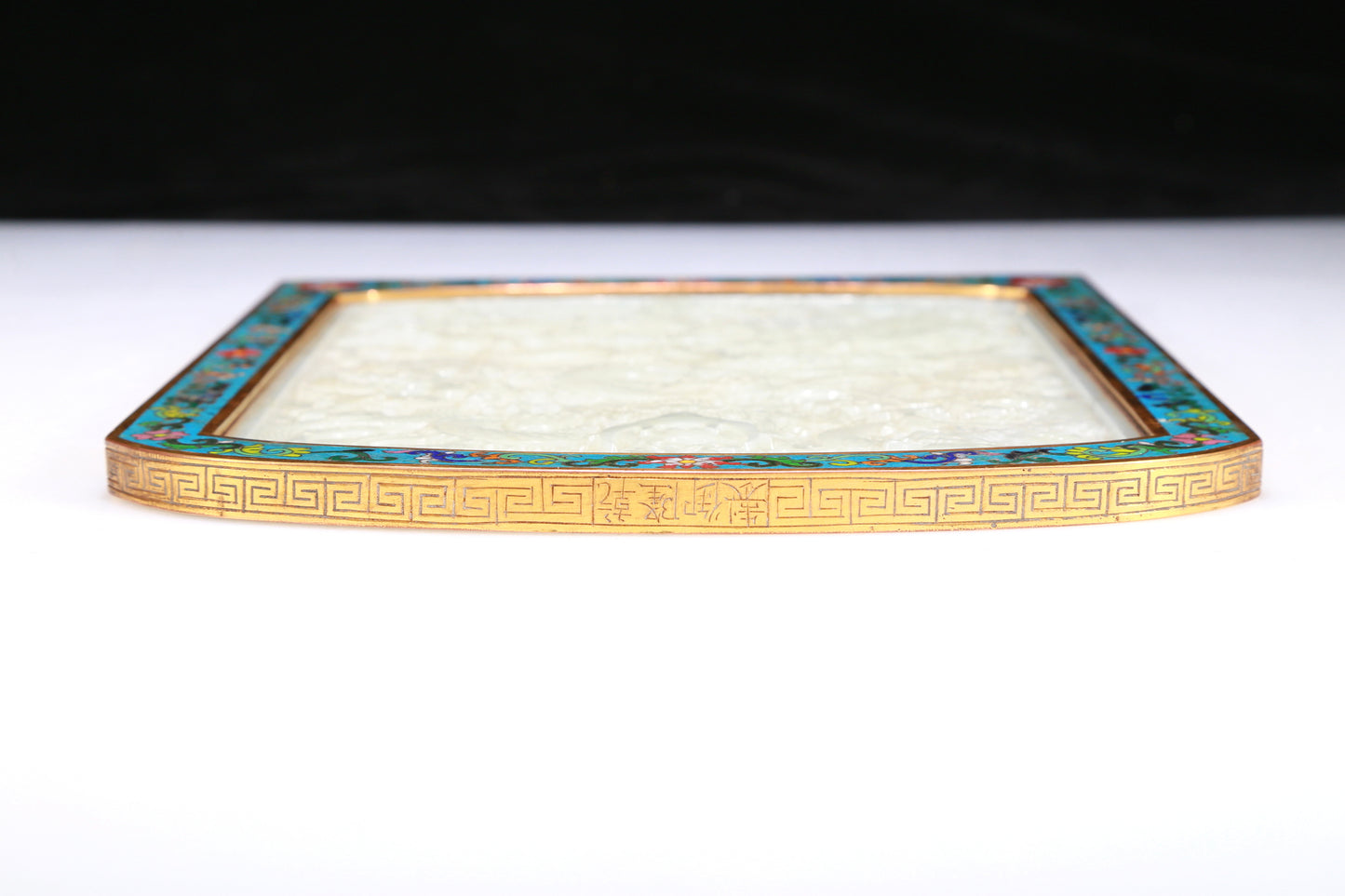 An Elaborate Imperial Cloisonne White Jade-Inlaid 'Dragon& Auspicious Cloud' Table Screen With Imperial Poem Inscriptions From Qianlong Period