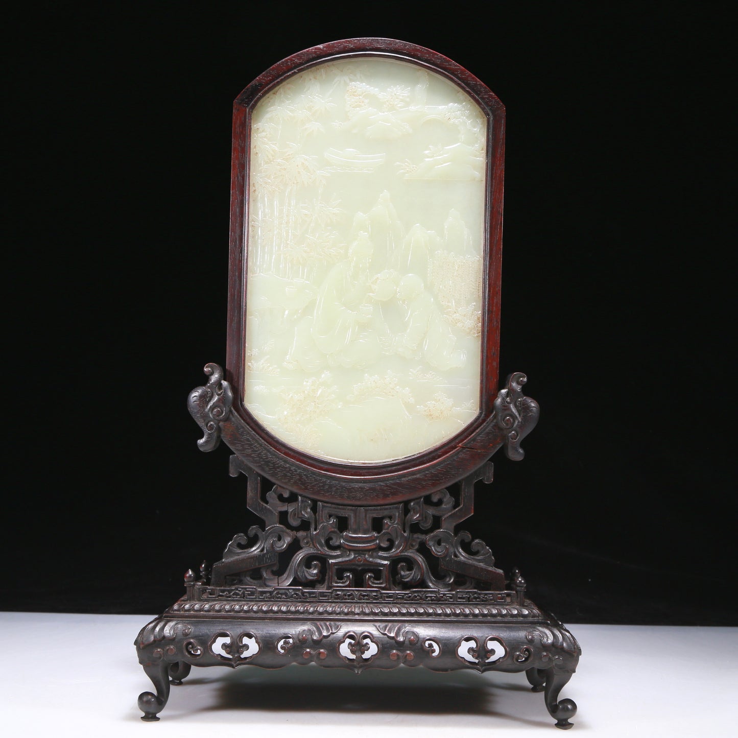 An Elaborate Imperial Zitanwood White Jade-Inlaid 'Figure' Table Screen