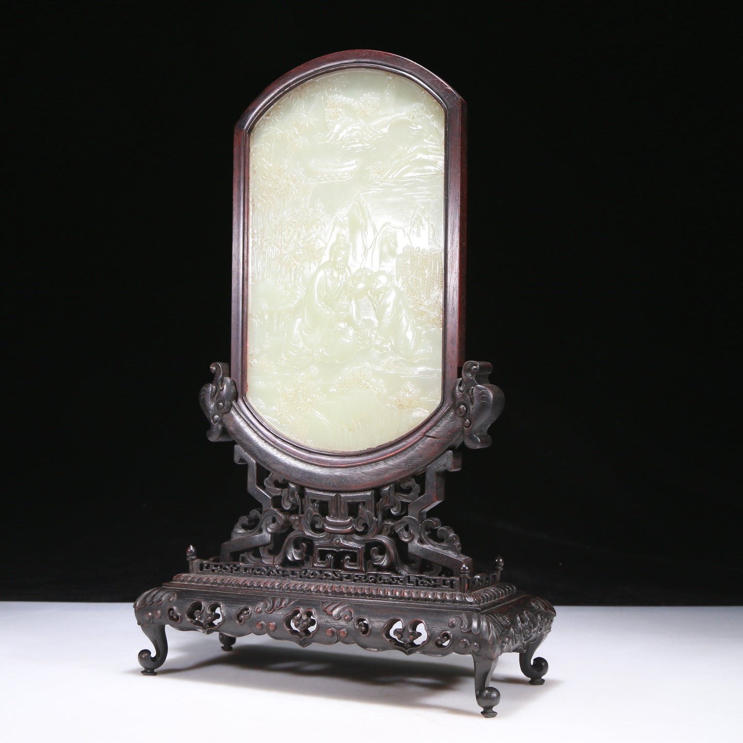 An Elaborate Imperial Zitanwood White Jade-Inlaid 'Figure' Table Screen