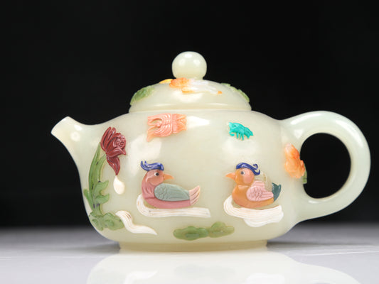 A Superb Imperial White Jade Gem-Inlaid 'Bird& Flower' Teapot