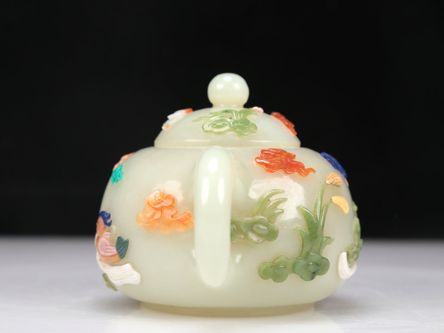 A Superb Imperial White Jade Gem-Inlaid 'Bird& Flower' Teapot