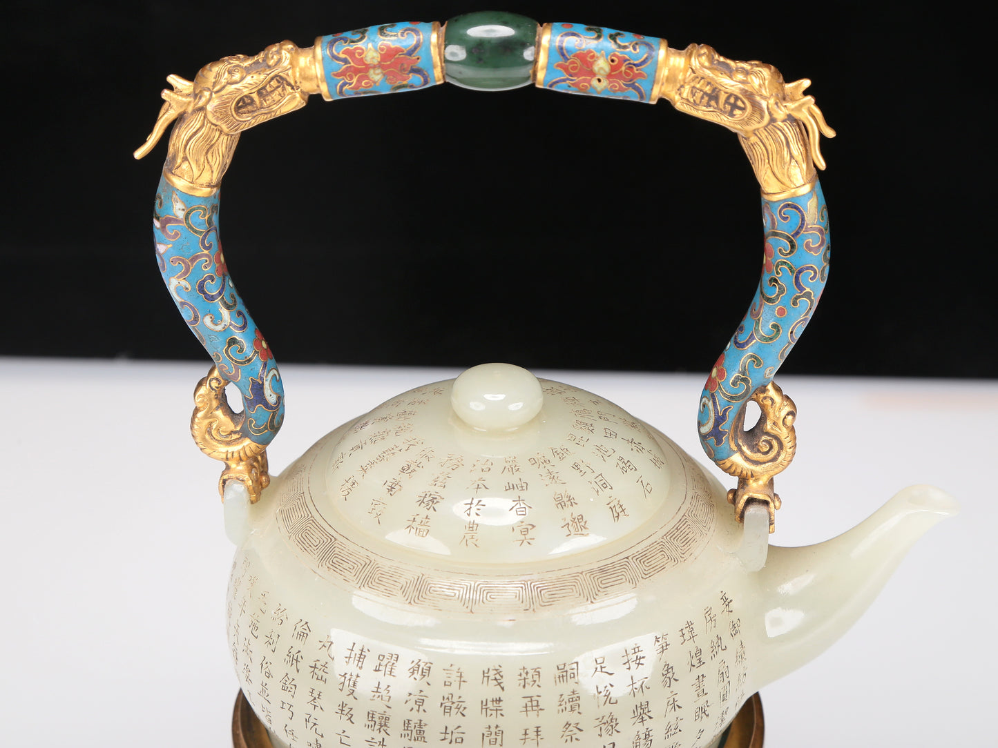 A Superb Imperial White Jade 'Poem' Teapot With A Cloisonne 'Dragon& Scrolling Lotus' Handle And Stand