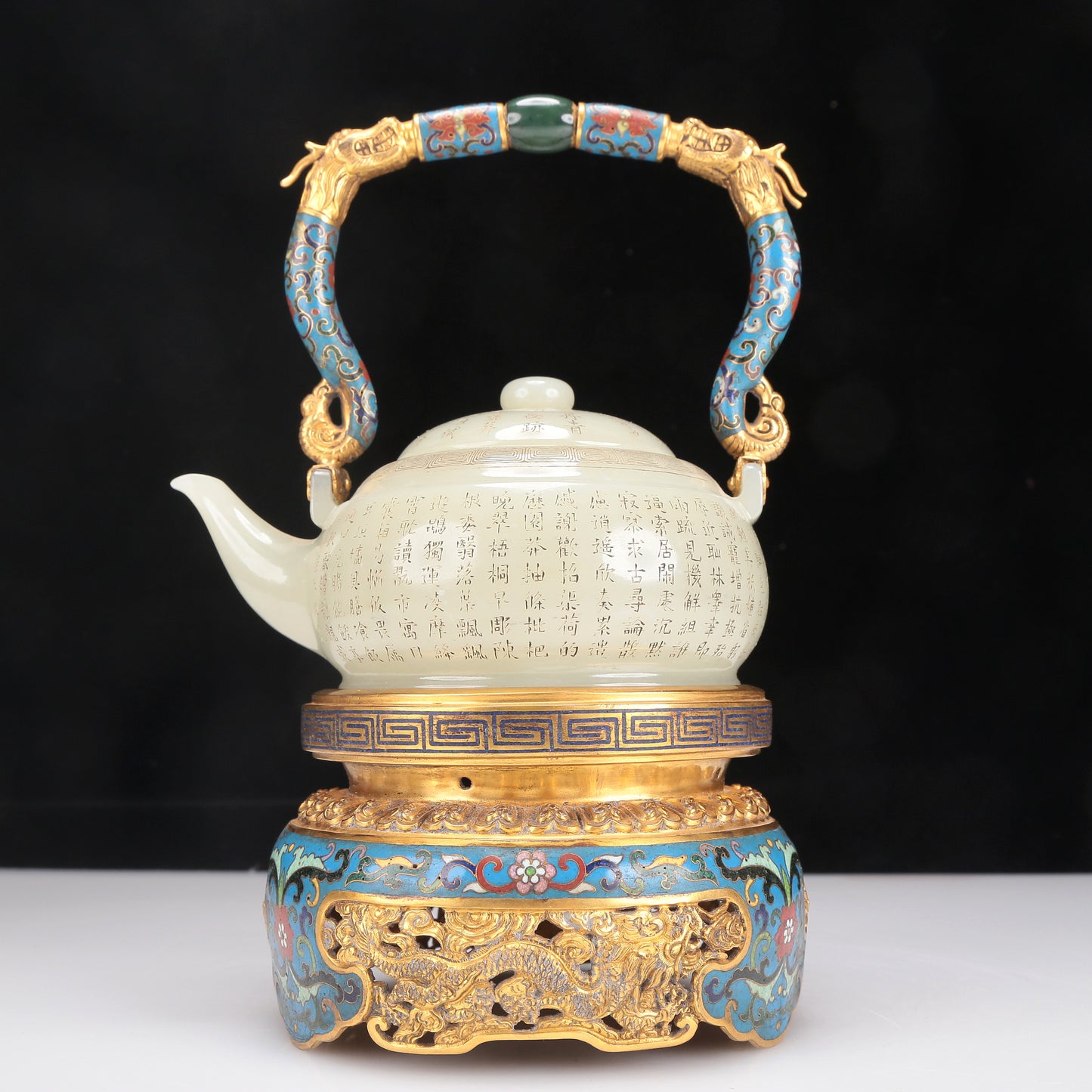 A Superb Imperial White Jade 'Poem' Teapot With A Cloisonne 'Dragon& Scrolling Lotus' Handle And Stand