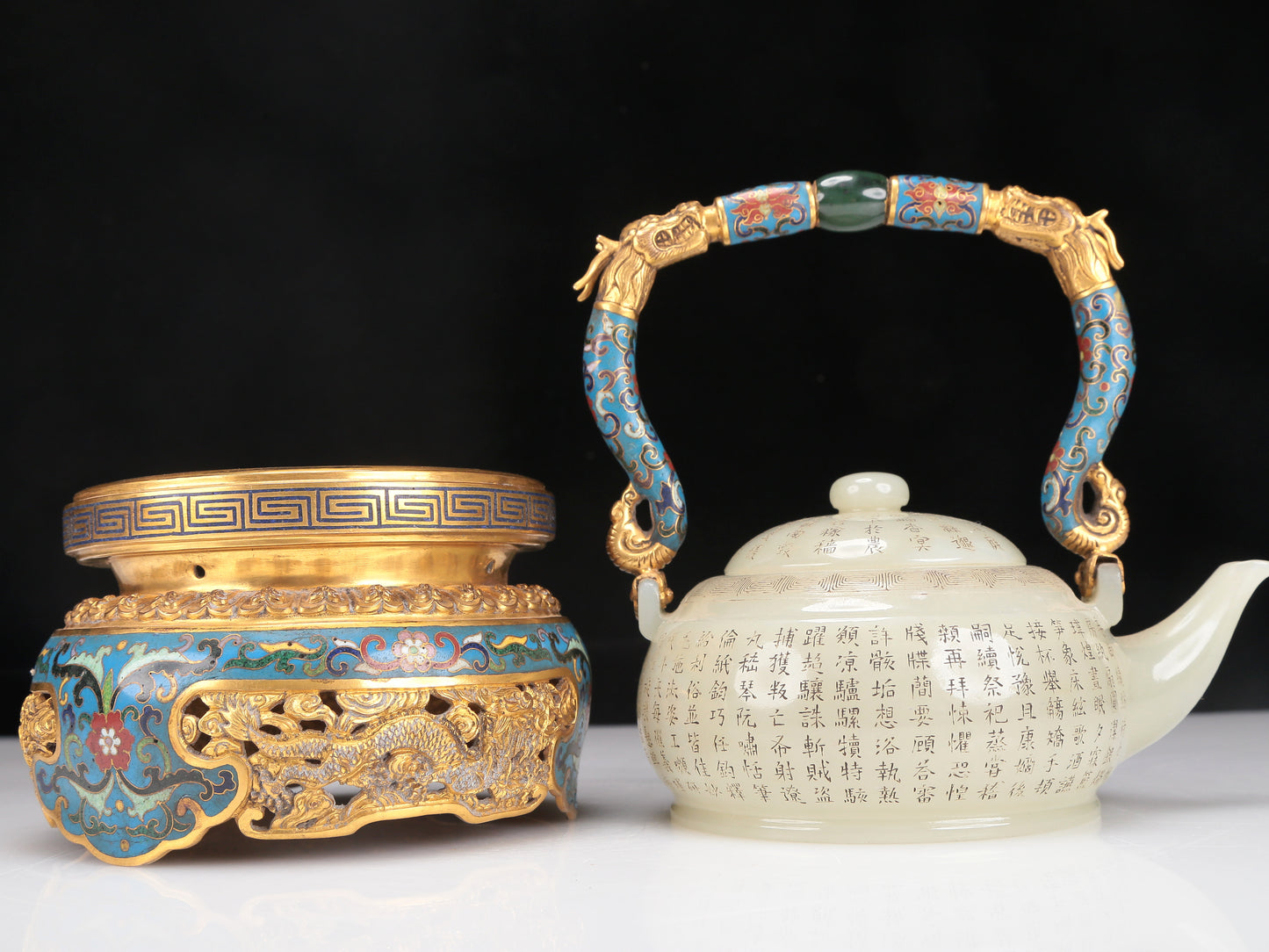 A Superb Imperial White Jade 'Poem' Teapot With A Cloisonne 'Dragon& Scrolling Lotus' Handle And Stand