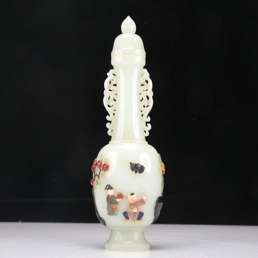 A Superb White Jade Gem-Inlaid 'Figure' Vase And Cover