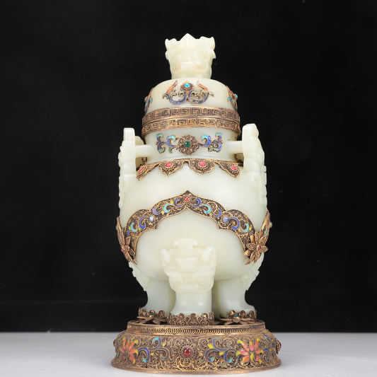 A Superb White Jade Gilt-Silver-Mounted Blueing 'Animal Mask' Tripod Censer And Cover