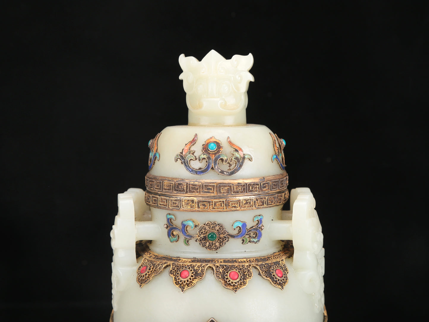 A Superb White Jade Gilt-Silver-Mounted Blueing 'Animal Mask' Tripod Censer And Cover