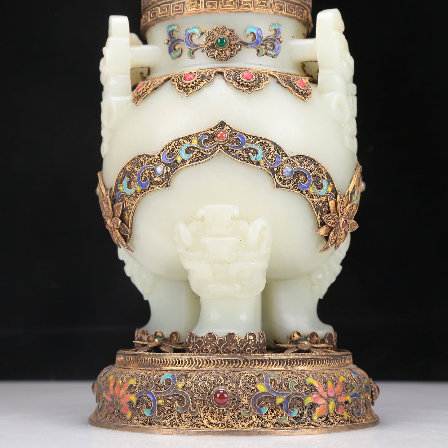 A Superb White Jade Gilt-Silver-Mounted Blueing 'Animal Mask' Tripod Censer And Cover