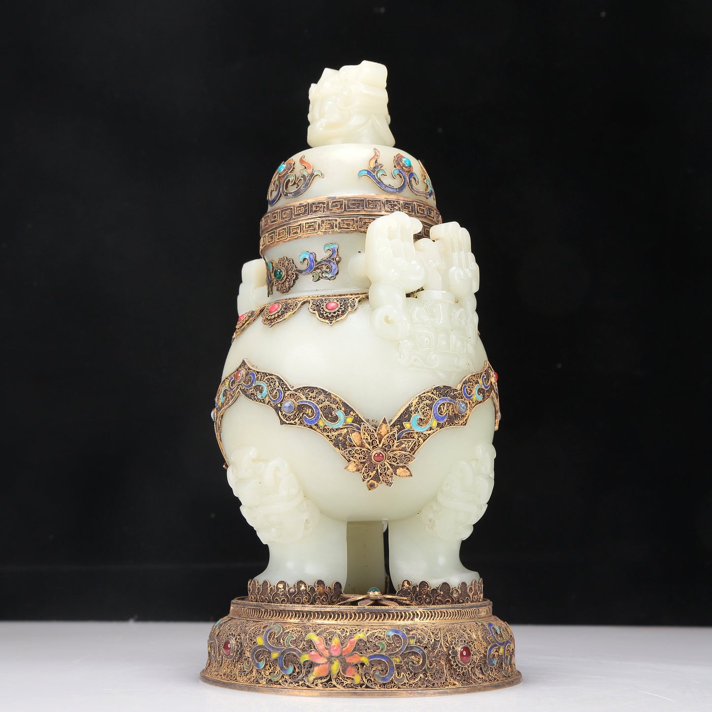 A Superb White Jade Gilt-Silver-Mounted Blueing 'Animal Mask' Tripod Censer And Cover