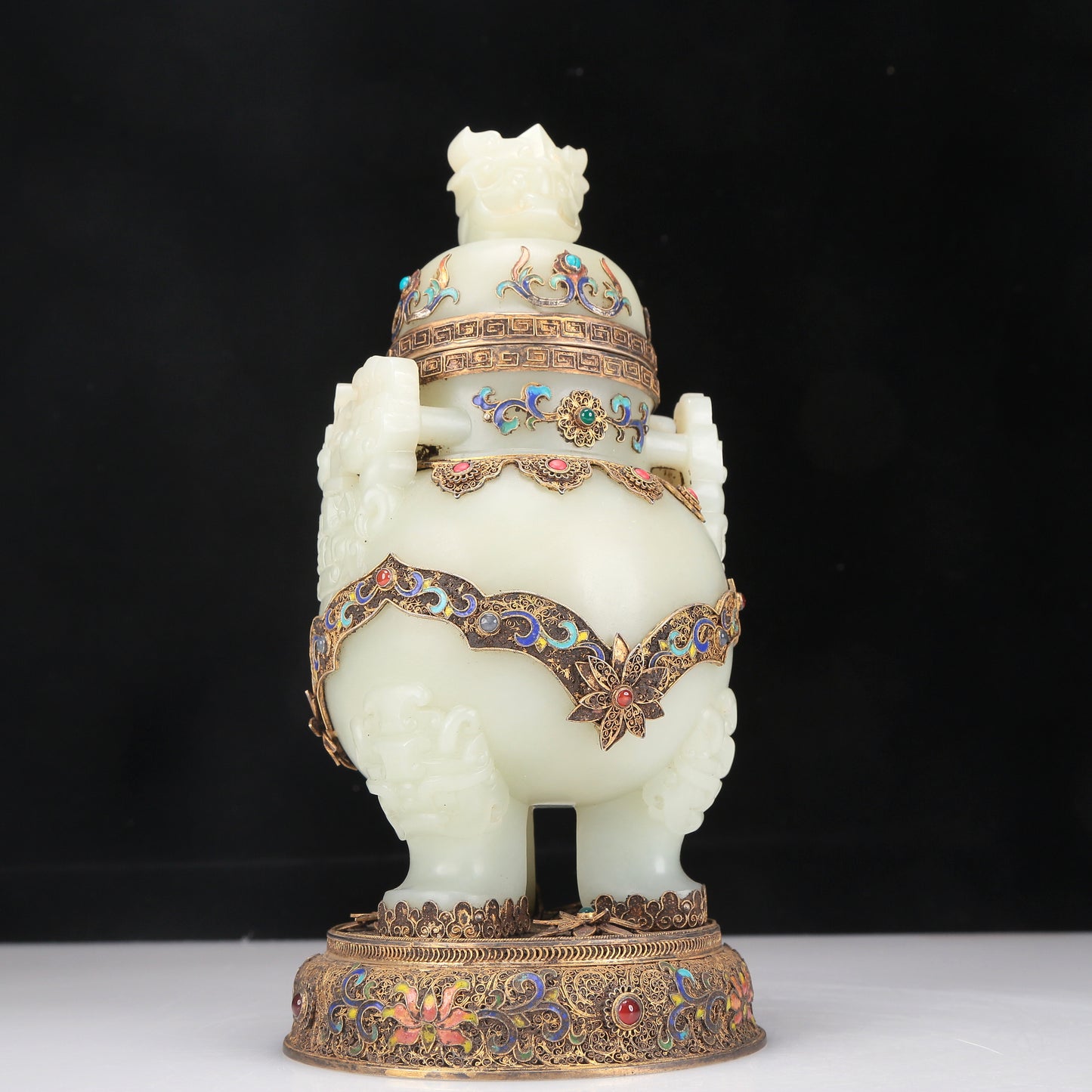 A Superb White Jade Gilt-Silver-Mounted Blueing 'Animal Mask' Tripod Censer And Cover