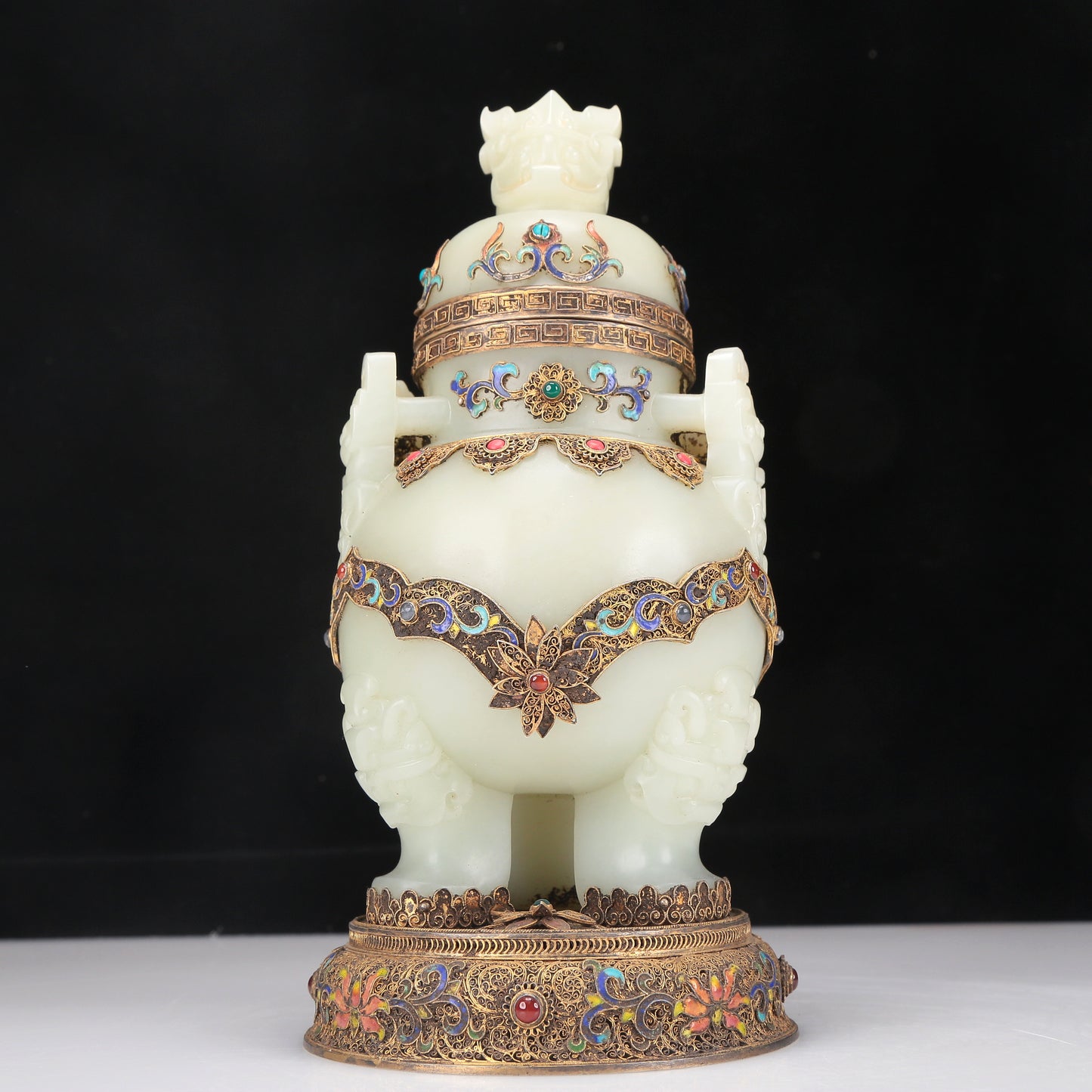 A Superb White Jade Gilt-Silver-Mounted Blueing 'Animal Mask' Tripod Censer And Cover