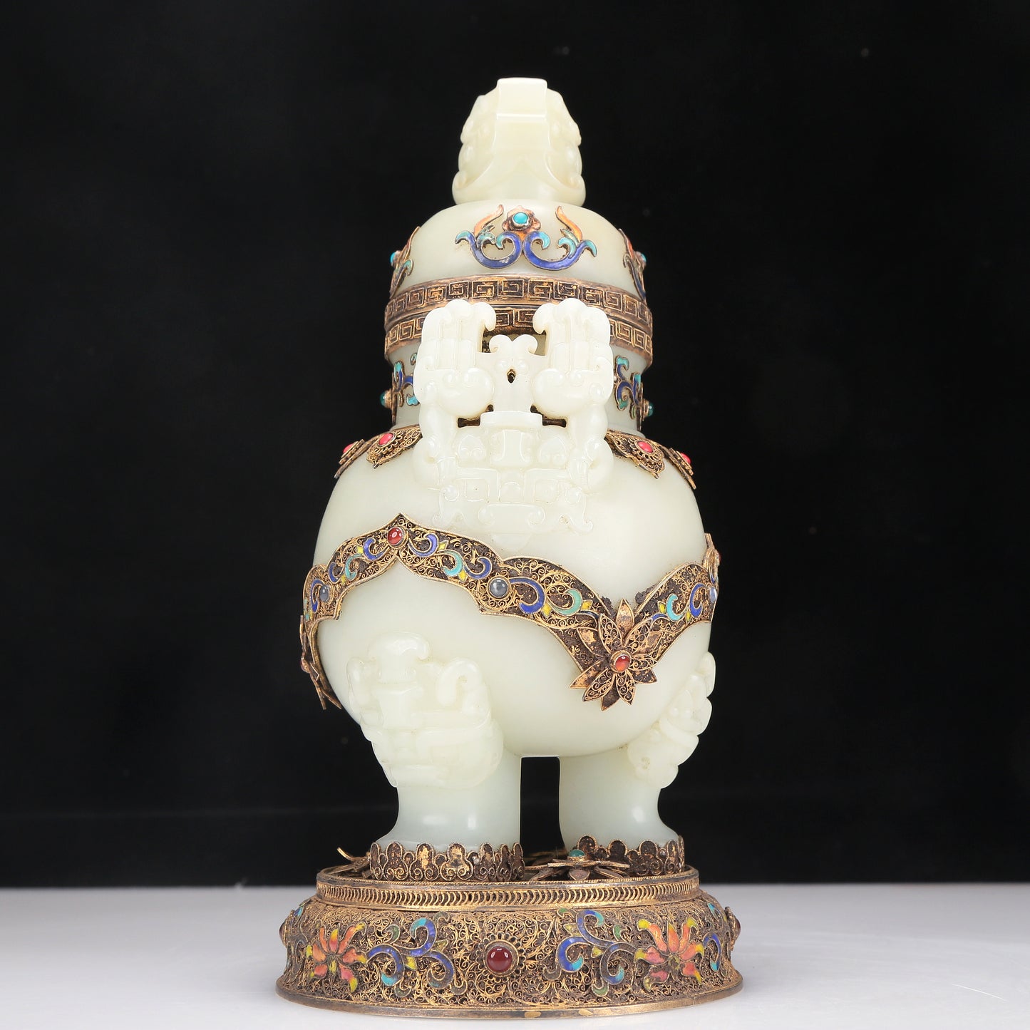 A Superb White Jade Gilt-Silver-Mounted Blueing 'Animal Mask' Tripod Censer And Cover