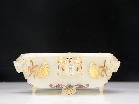 A Fabulous Imperial White Jade Gold-Mounted Gem-Inlaid Bat-Handled Censer