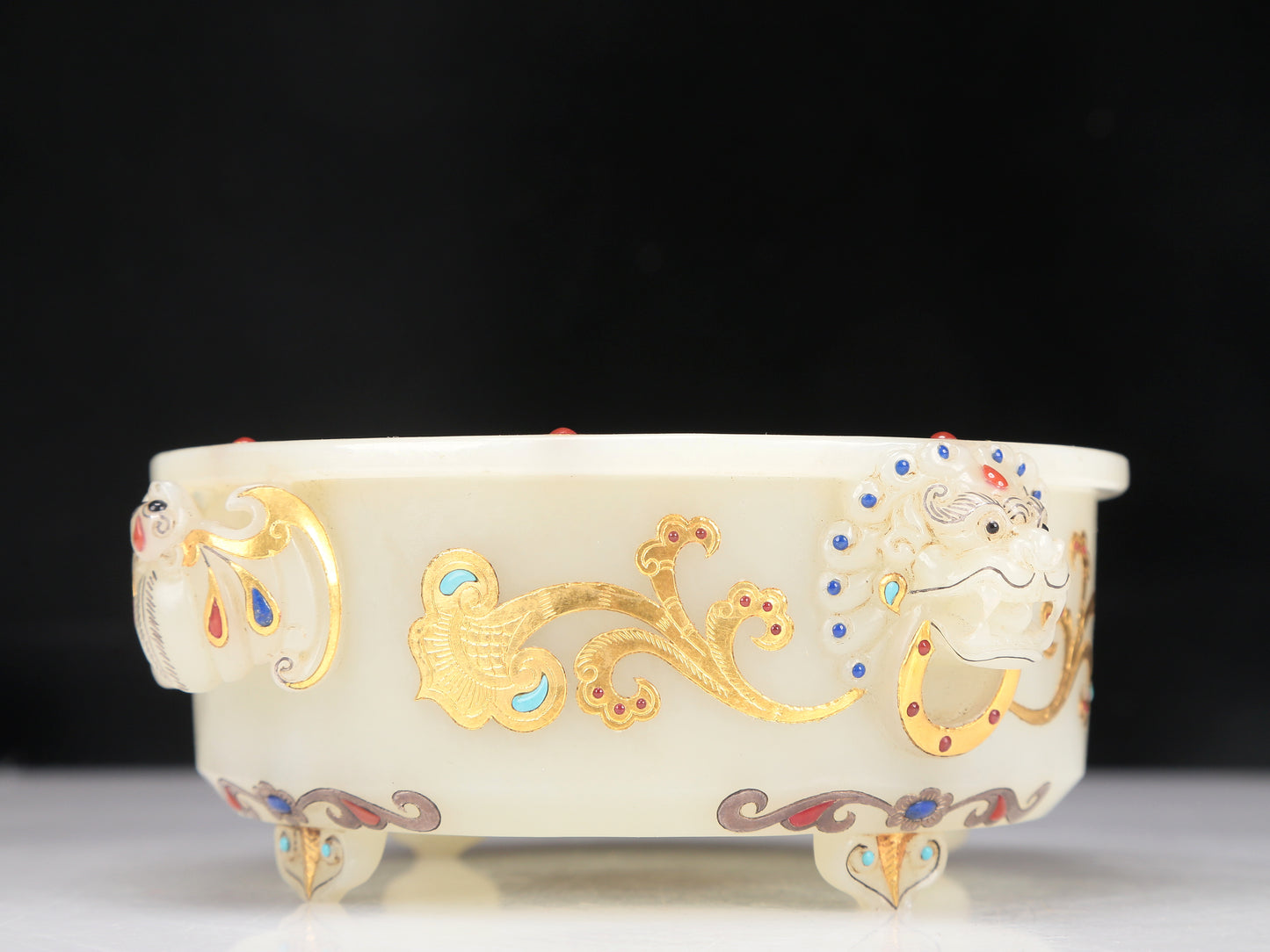 A Fabulous Imperial White Jade Gold-Mounted Gem-Inlaid Bat-Handled Censer