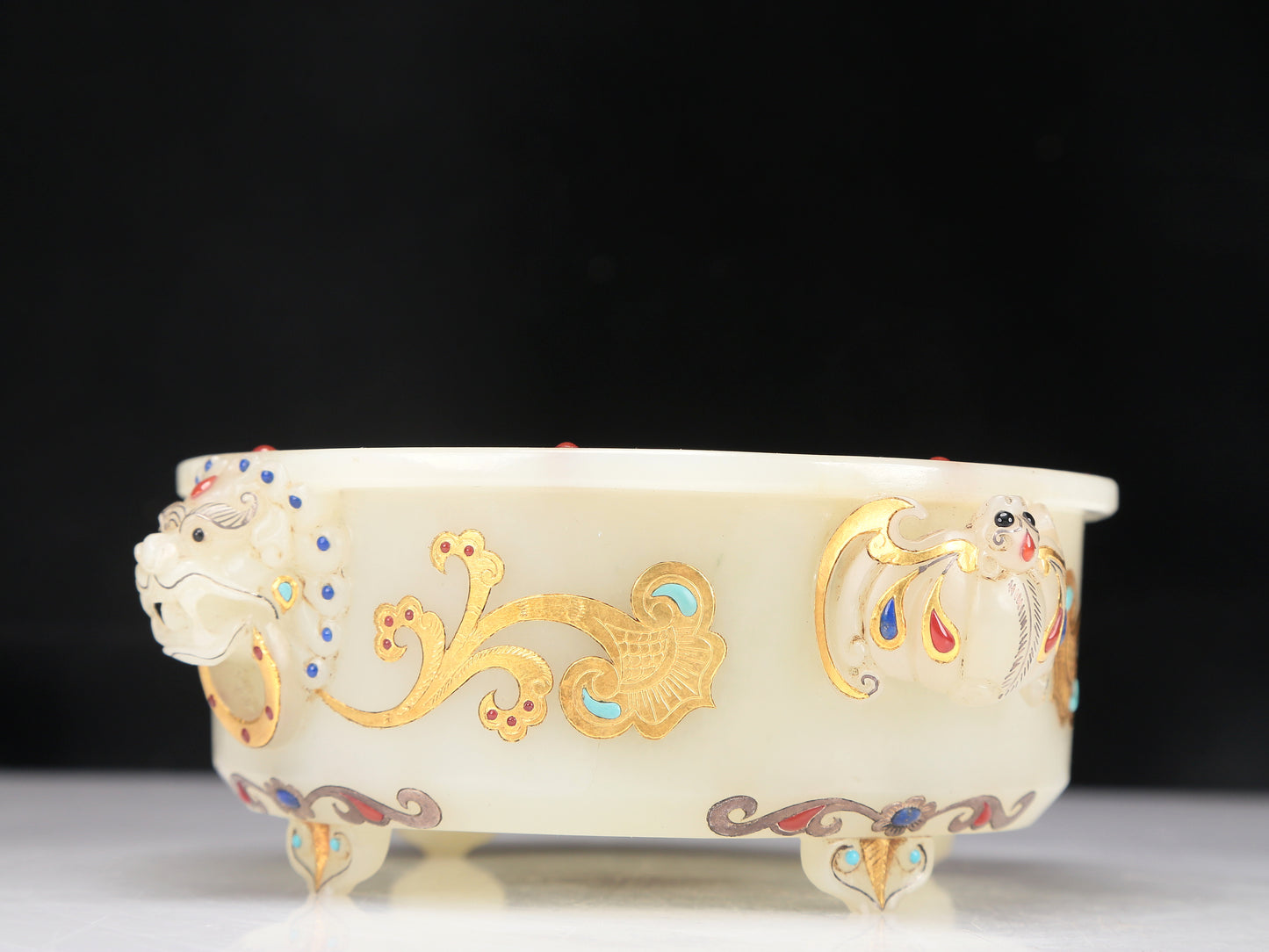 A Fabulous Imperial White Jade Gold-Mounted Gem-Inlaid Bat-Handled Censer