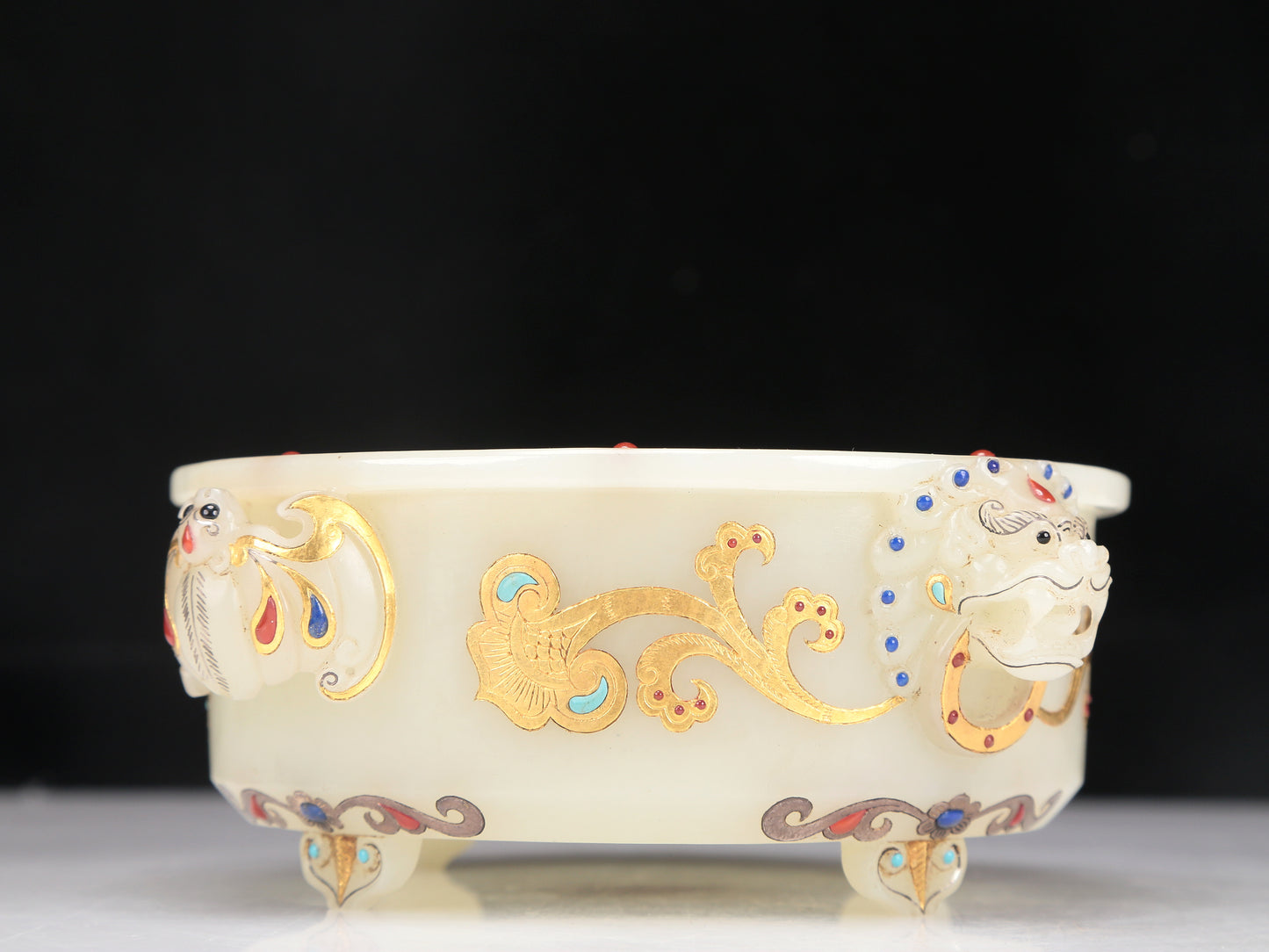 A Fabulous Imperial White Jade Gold-Mounted Gem-Inlaid Bat-Handled Censer