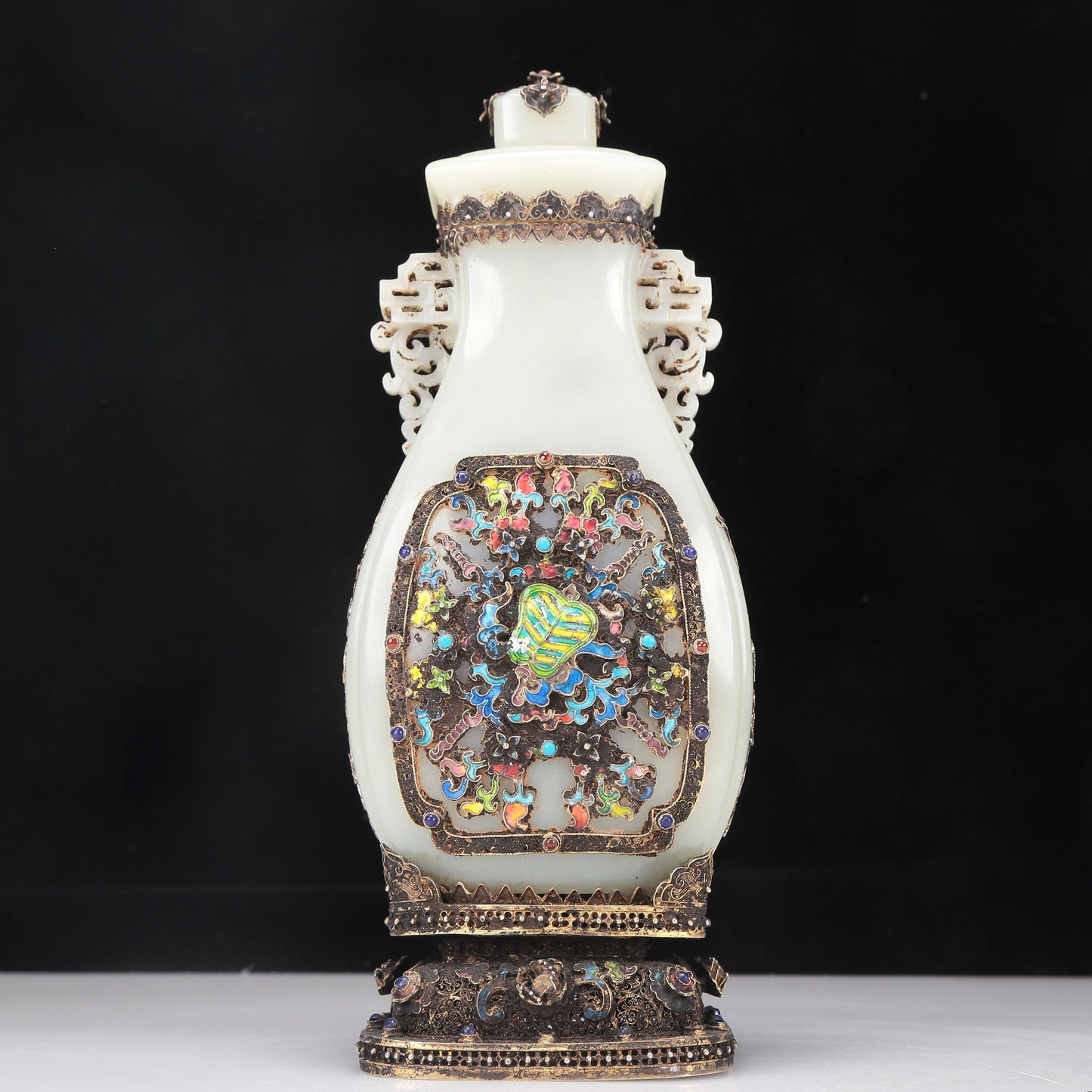 A Fabulous White Jade Gilt-Silver-Mounted Blueing 'Weapons Of The Eight Immortals' Vase And Cover