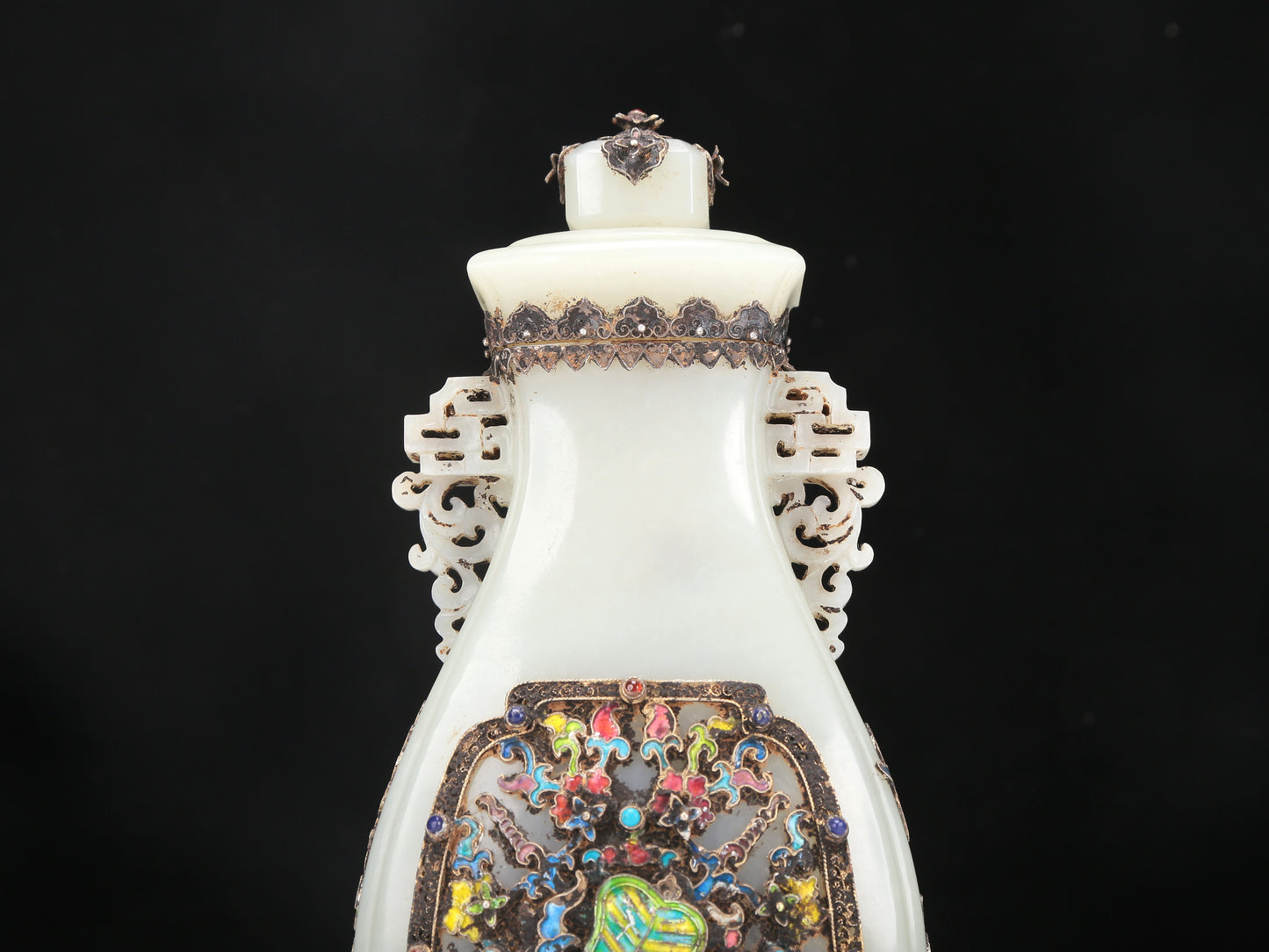 A Fabulous White Jade Gilt-Silver-Mounted Blueing 'Weapons Of The Eight Immortals' Vase And Cover