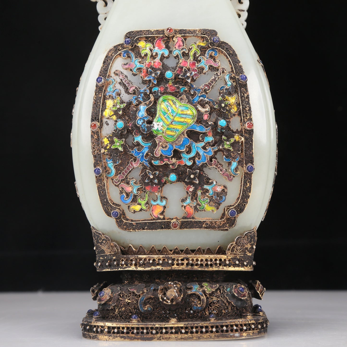 A Fabulous White Jade Gilt-Silver-Mounted Blueing 'Weapons Of The Eight Immortals' Vase And Cover