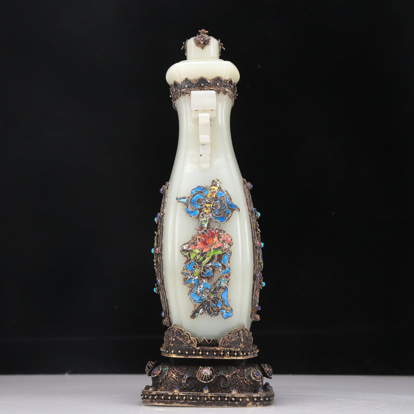 A Fabulous White Jade Gilt-Silver-Mounted Blueing 'Weapons Of The Eight Immortals' Vase And Cover