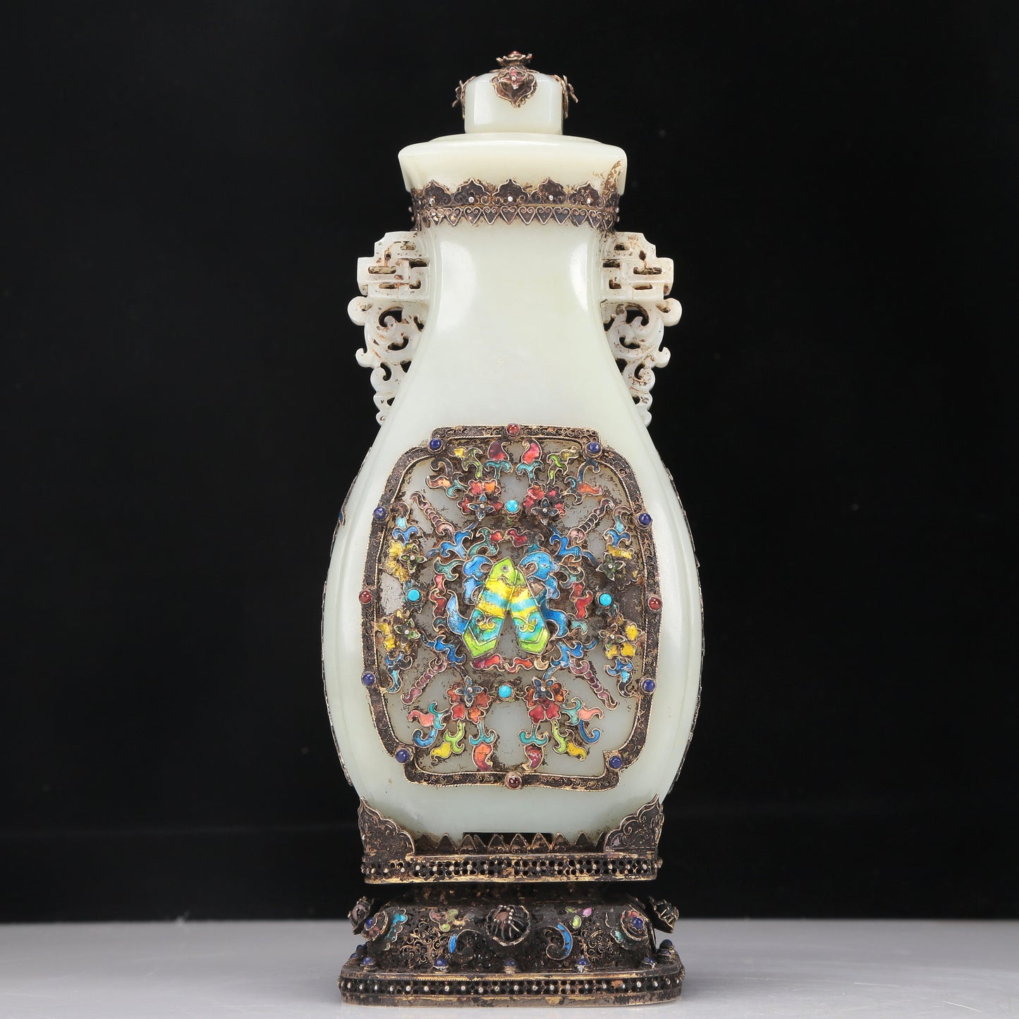 A Fabulous White Jade Gilt-Silver-Mounted Blueing 'Weapons Of The Eight Immortals' Vase And Cover