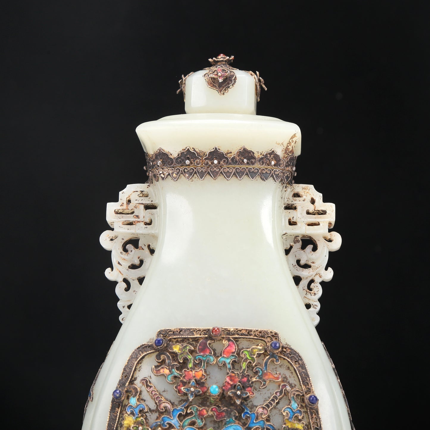 A Fabulous White Jade Gilt-Silver-Mounted Blueing 'Weapons Of The Eight Immortals' Vase And Cover