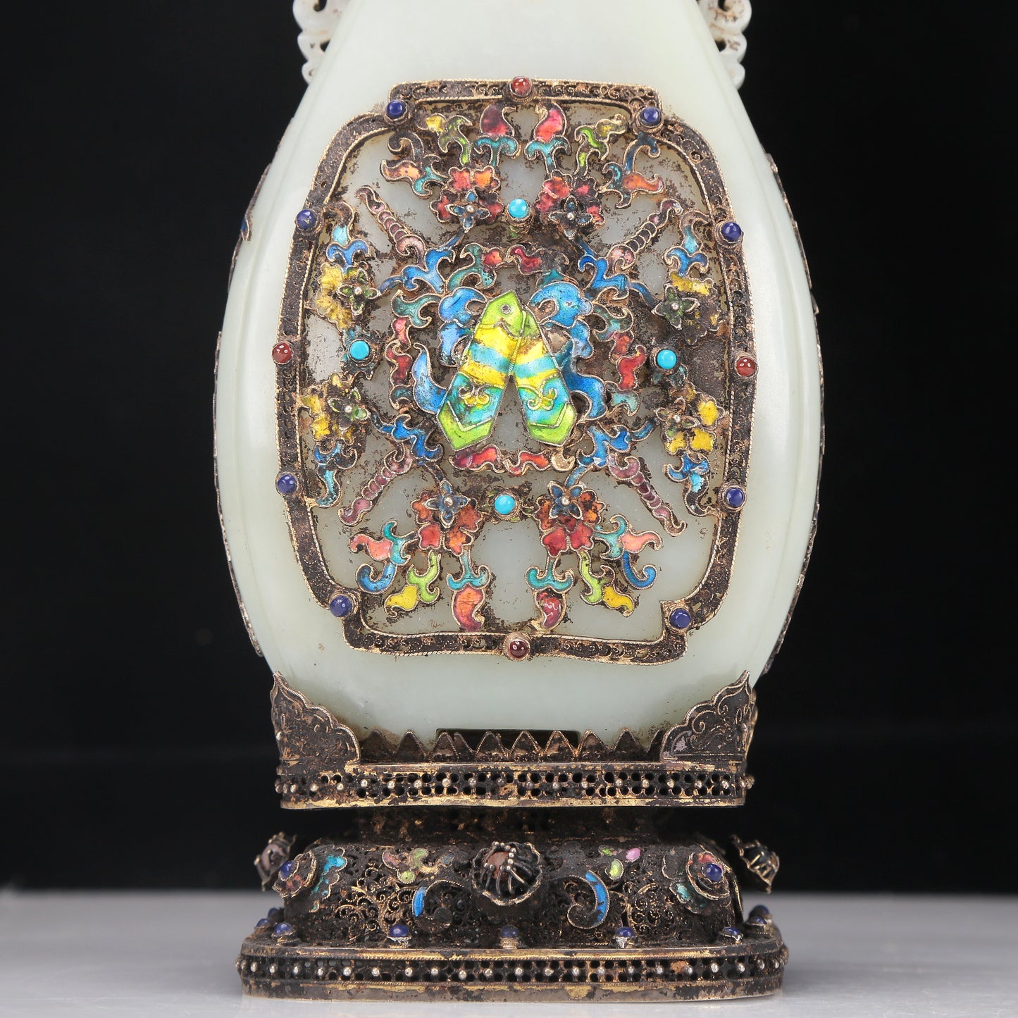 A Fabulous White Jade Gilt-Silver-Mounted Blueing 'Weapons Of The Eight Immortals' Vase And Cover