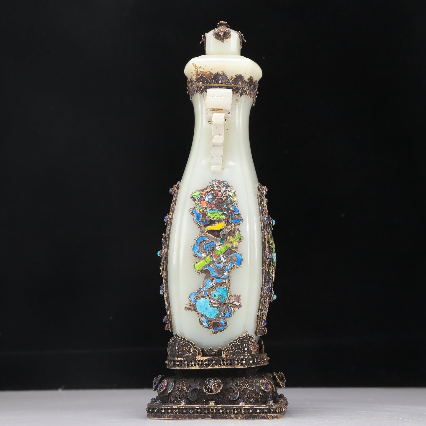 A Fabulous White Jade Gilt-Silver-Mounted Blueing 'Weapons Of The Eight Immortals' Vase And Cover