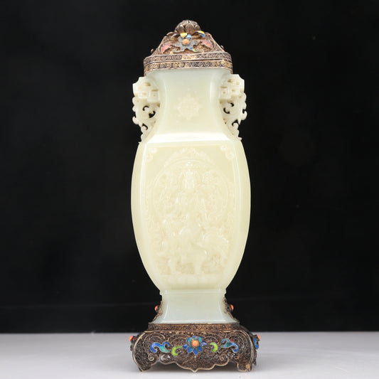 A Fabulous White Jade Gilt-Silver-Mounted Blueing 'Bodhisattva' Vase And Cover