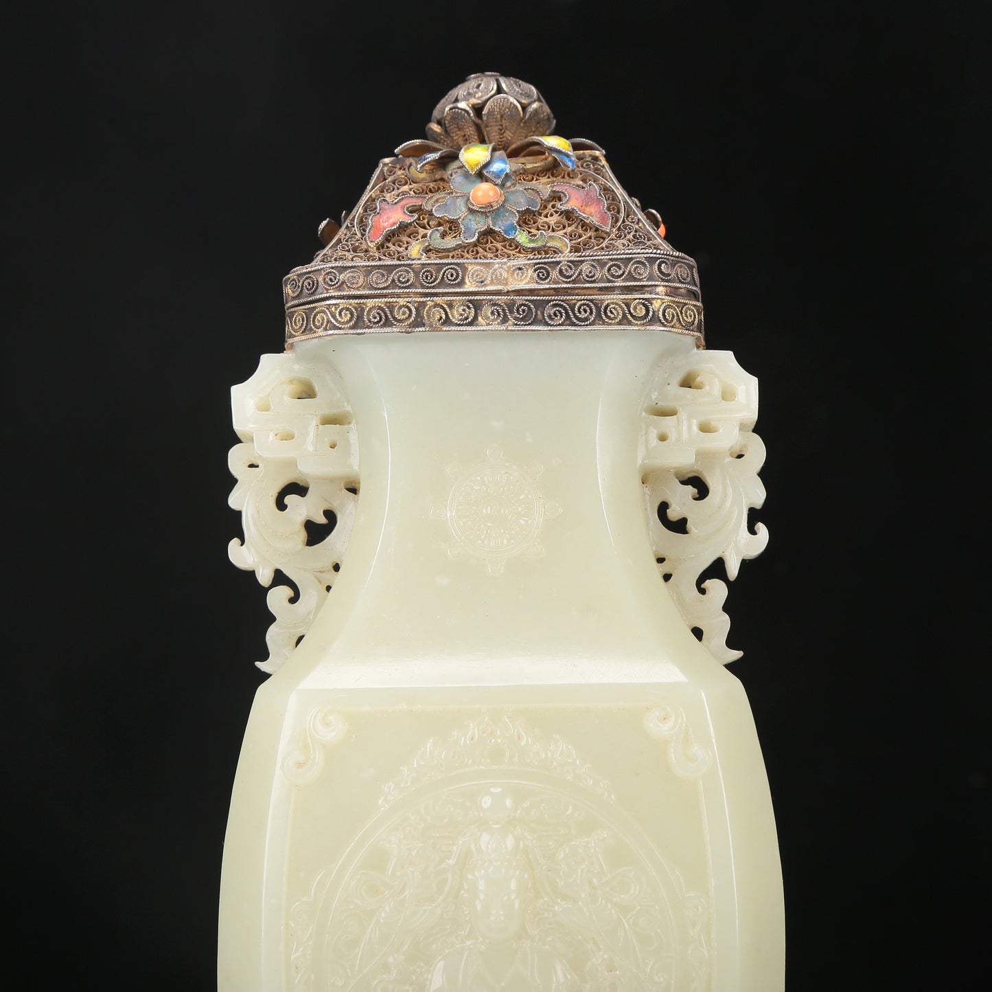 A Fabulous White Jade Gilt-Silver-Mounted Blueing 'Bodhisattva' Vase And Cover