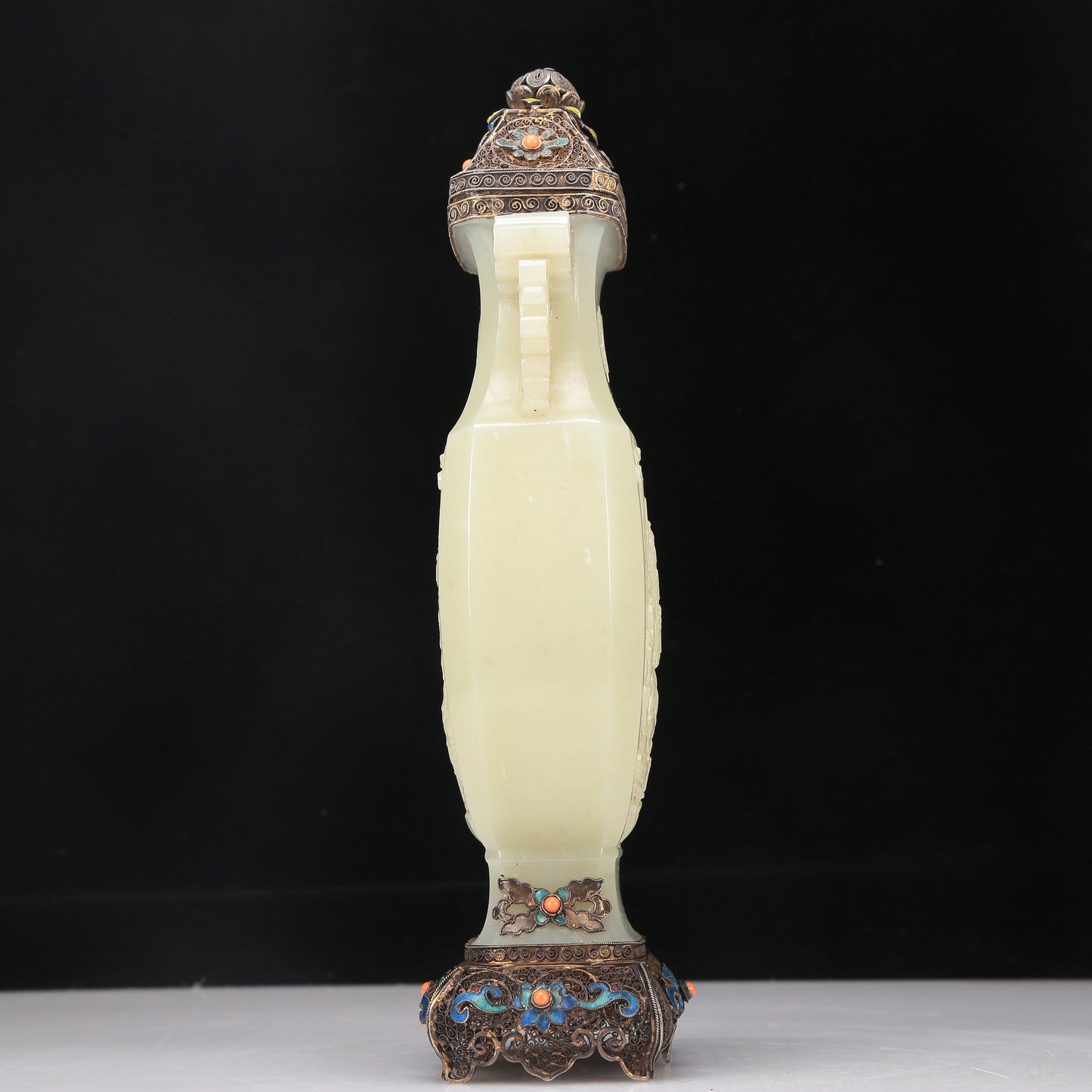 A Fabulous White Jade Gilt-Silver-Mounted Blueing 'Bodhisattva' Vase And Cover