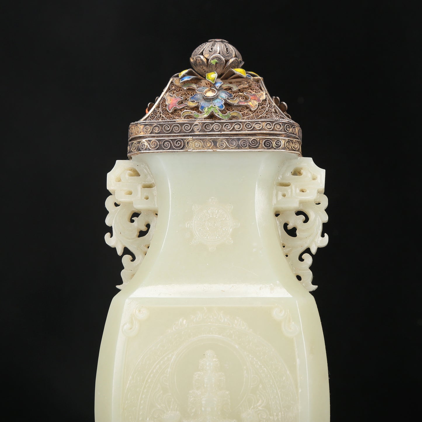 A Fabulous White Jade Gilt-Silver-Mounted Blueing 'Bodhisattva' Vase And Cover