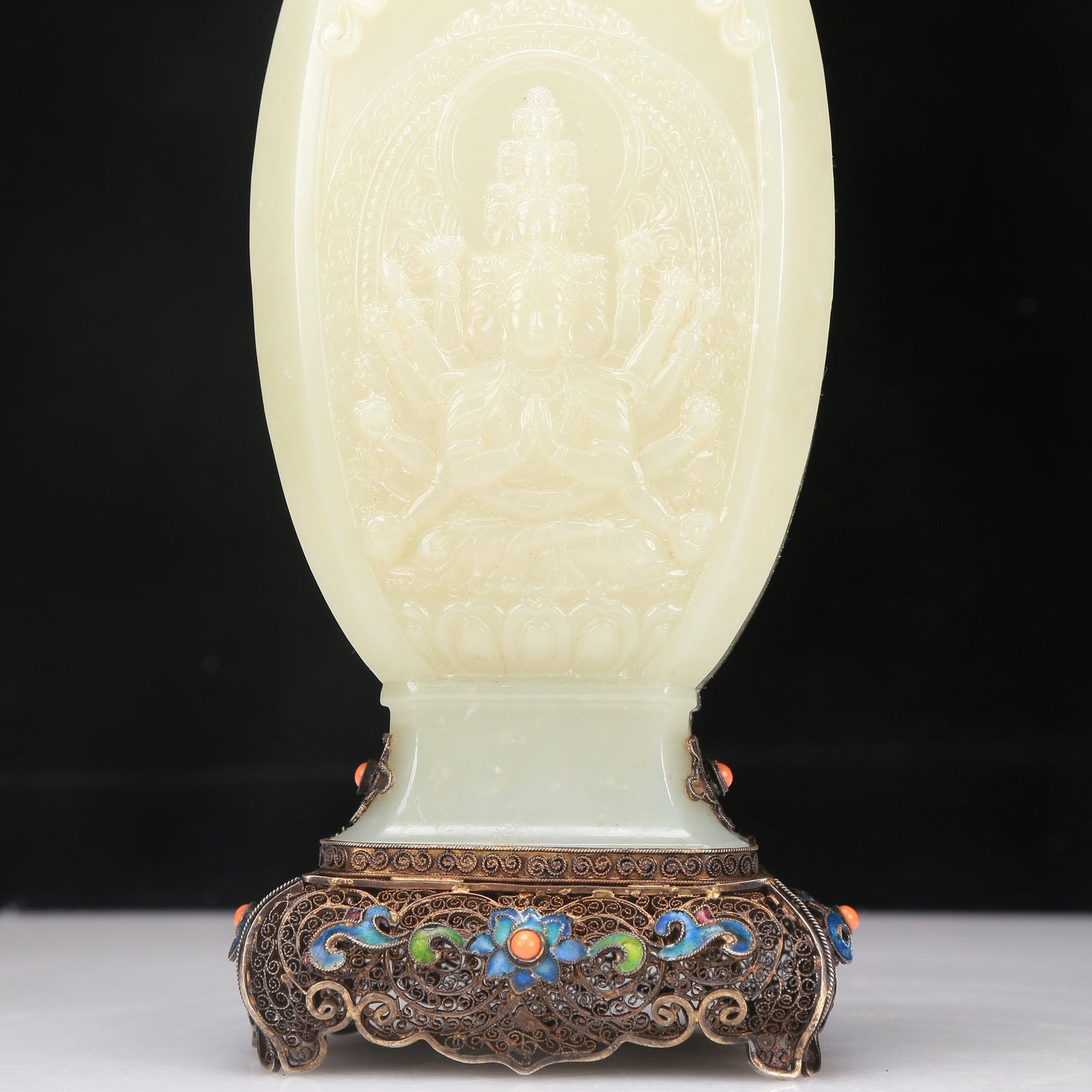 A Fabulous White Jade Gilt-Silver-Mounted Blueing 'Bodhisattva' Vase And Cover