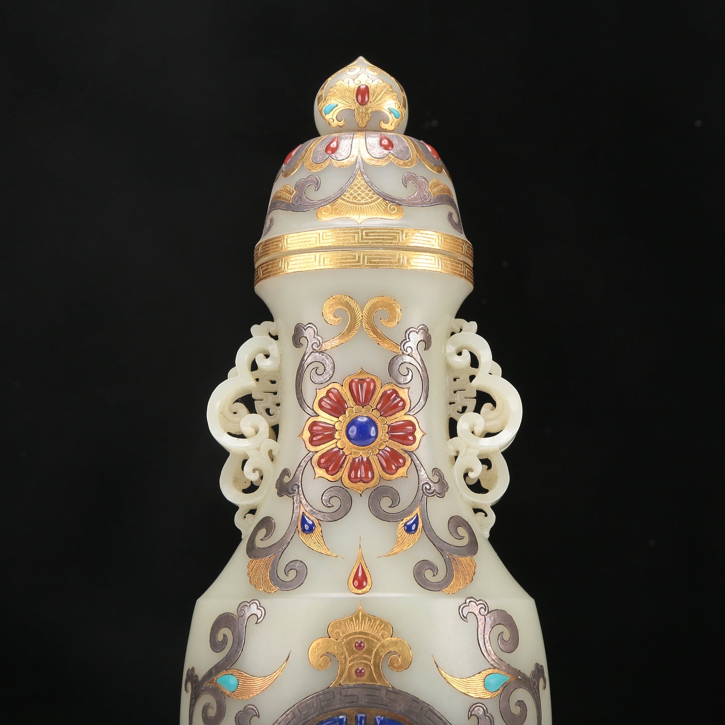 A Fabulous White Jade Gold& Silver-Mounted Gem-Inlaid 'Scrolling Lotus' Vase And Cover