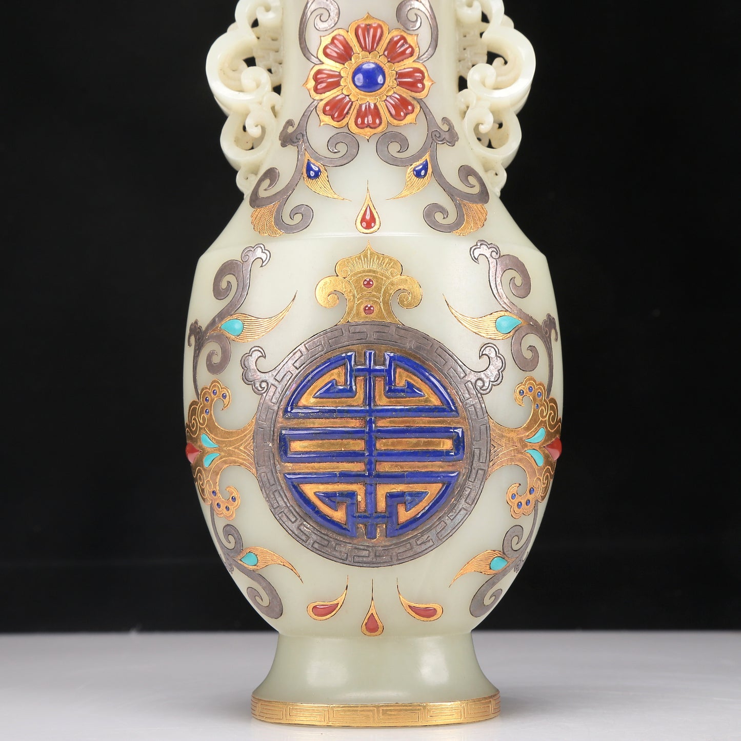 A Fabulous White Jade Gold& Silver-Mounted Gem-Inlaid 'Scrolling Lotus' Vase And Cover