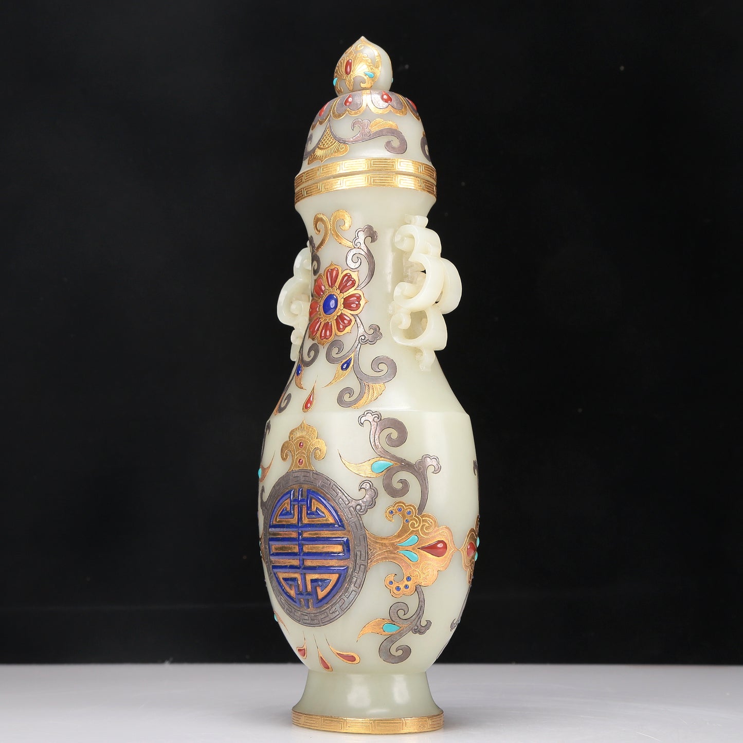 A Fabulous White Jade Gold& Silver-Mounted Gem-Inlaid 'Scrolling Lotus' Vase And Cover